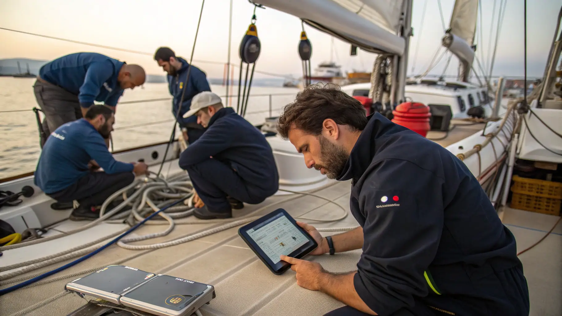Officer working clearance paperwork on the bridge of a visiting yacht