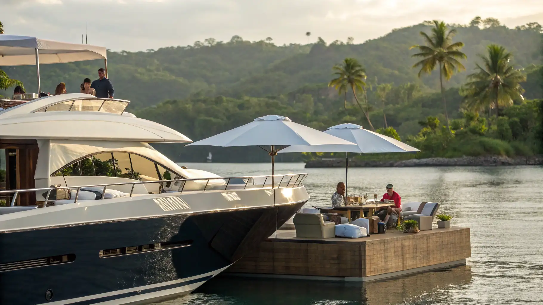 Dinner service set on the aft deck of a chartered yacht at sunset